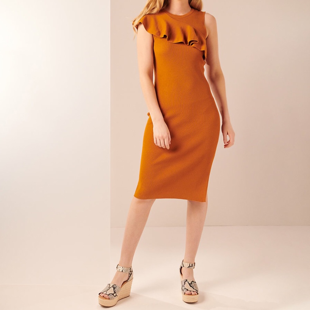 NINE WEST orange ribbed ruffle dress